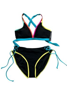Women’s Black Bikini with Neon Trim and Crisscross Straps